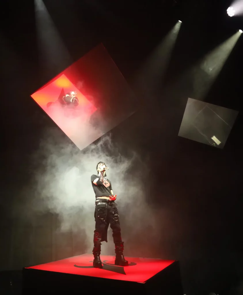 Artiste chantant seul sur une scène rouge entourée de fumée, avec des écrans inclinés éclairés au-dessus de lui.